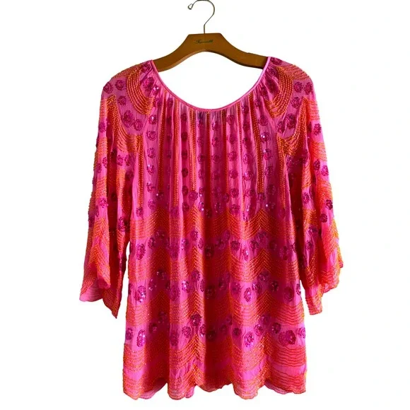 Antik Batik Pink Orange Beaded Silk Blouse 3/4 Sleeve Scalloped Hem Top Medium - Picture 2 of 13